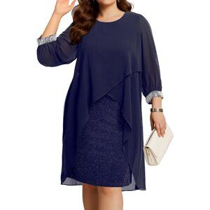 Plus Size Cocktail Dress Chiffon Cape Glitter Evening Wedding Guest
